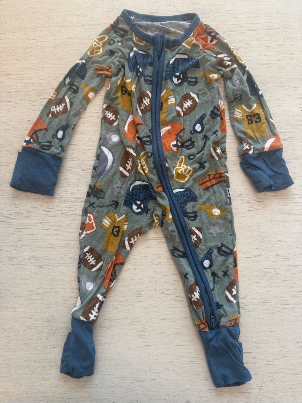 Little Sleepies Football-Print Olive Green One-Piece Pajama 0-3 mo.